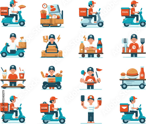 Vector Set of Delivery Men, Burgers, Fries, and Online Food Ordering via Smartphone App