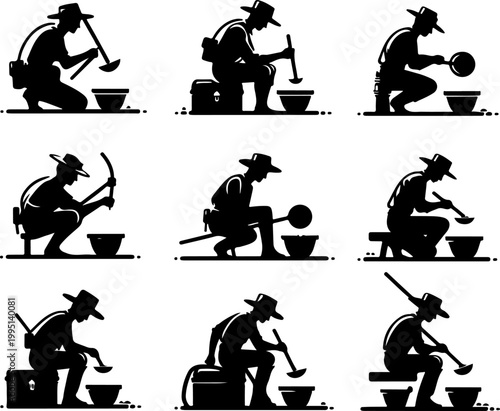 Vector sketch illustration of a silhouette design of mining workers looking for gold and silver commodities