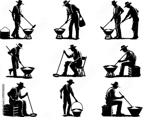 Vector sketch illustration of a silhouette design of mining workers looking for gold and silver commodities