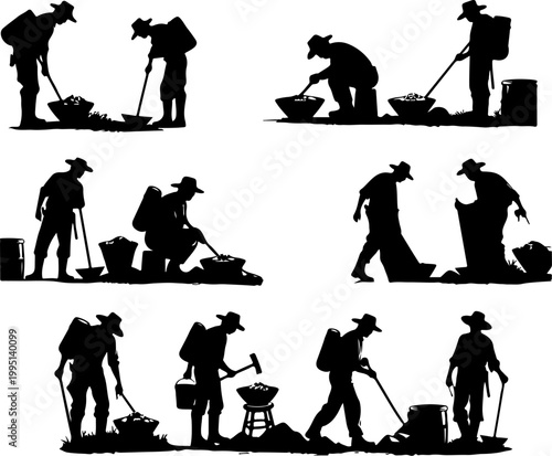 Vector sketch illustration of a silhouette design of mining workers looking for gold and silver commodities