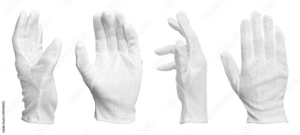 Fototapeta premium Hand in cloth glove on white background, closeup. Set of gestures