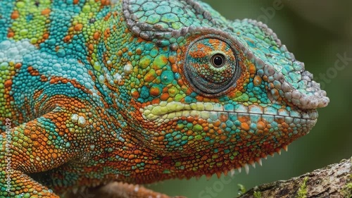 Close-up of colorful panther chameleon head with vibrant pattern, resting on mossy branch, blinking its eye