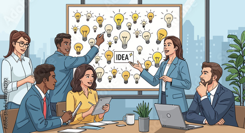 Diverse team brainstorming business ideas together.