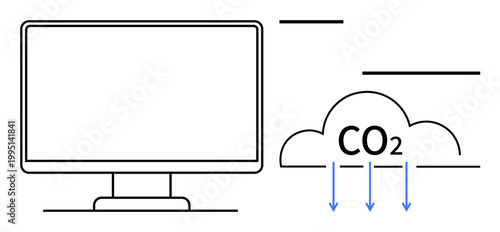 Digital pollution, environmental impact of technology, carbon footprint, sustainability in tech, emission awareness, global warming. Monitor screen and CO2 symbol with arrows. Carbon footprint