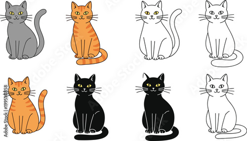 Cute Sitting Cat Character Set Featuring Ginger Tabby Grey Black and White Feline Illustrations in Cartoon and Line Art Styles for Pet Care and Veterinary Designs
