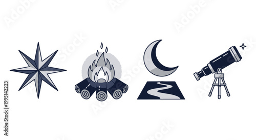 Stargazing and camping minimalist icon set on white background