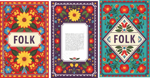 Tableau sur toile A vibrant triptych showcases three rectangular panels adorned with floral motifs