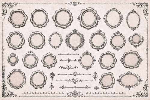 Wax Seal Frame Bases Pack. Vintage Calligraphic Ornament SVG Vector Set for Invitations, Borders, Labels and Decorative Stationery Design, wax seal frame, seal emblem, ornate label base