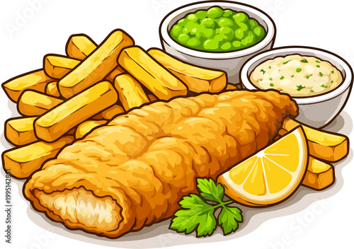 Crispy battered fish and golden french fries served with mushy peas and tartar sauce, a classic meal