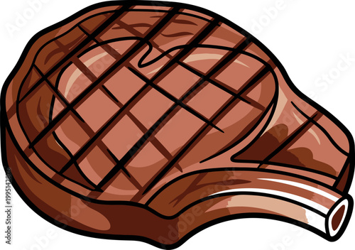 Illustration of a grilled bone-in steak with crosshatch grill marks, showing the cut of meat and cooked texture, perfect for food blogs or restaurant menus