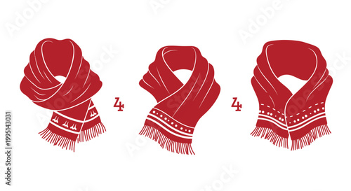 Three red winter scarves with white patterns on white background