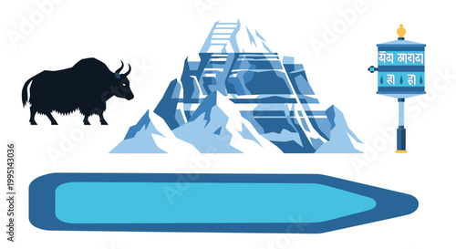 Tibetan mountain landscape icons with yak and prayer wheel