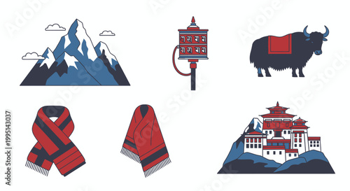 Tibetan cultural icons including mountains yak temple and prayer wheel