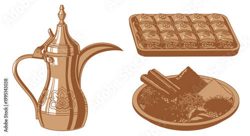 Traditional Arabic coffee pot with tray of baklava and sweets