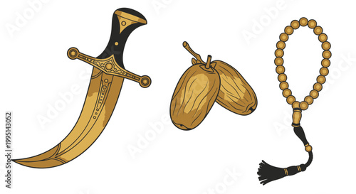 Traditional Arabian dagger with dates and prayer beads illustration