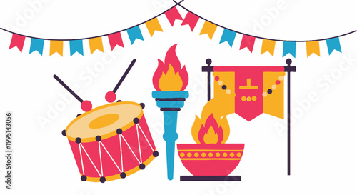 Traditional Brazilian Festa Junina symbols with drum and bunting