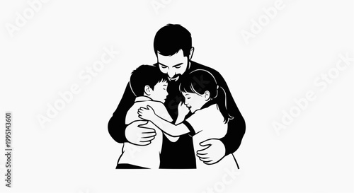 A minimalist vector illustration of a father hugging his two children