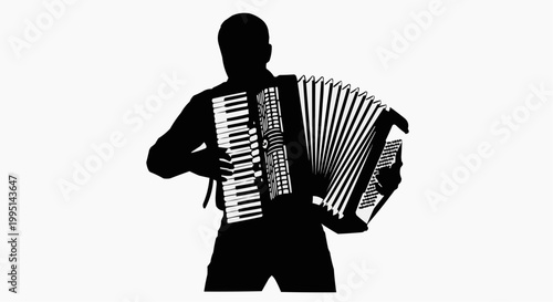 A minimalist silhouette illustration of a man playing an accordion