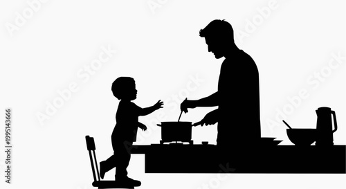 Silhouette of a father and son in the kitchen