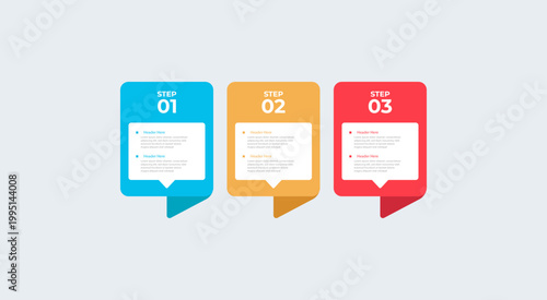 Illustrates a threestep infographic with headers and placeholder text.