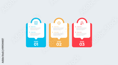 Illustrates a threestep infographic with headers and placeholder text.