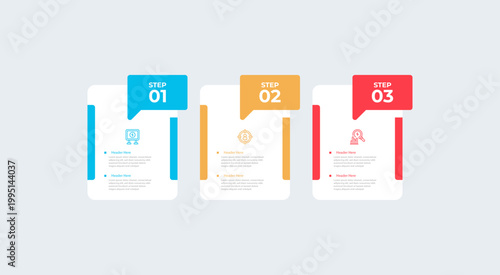 Illustrates a threestep infographic with headers and placeholder text.