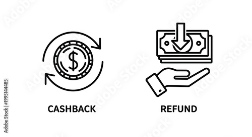 Cashback and refund icons with arrows depicting financial transactions silhouette