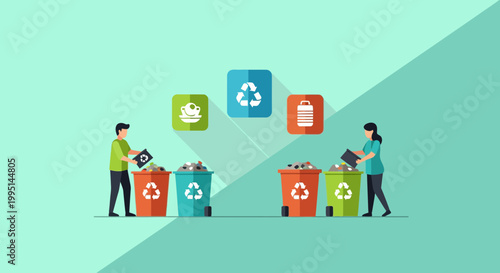 People sorting waste into different recycling bins for environment