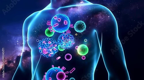 Animated visualization of human body with colorful viruses and cells. Illustrating the complex interactions of the immune system and pathogens