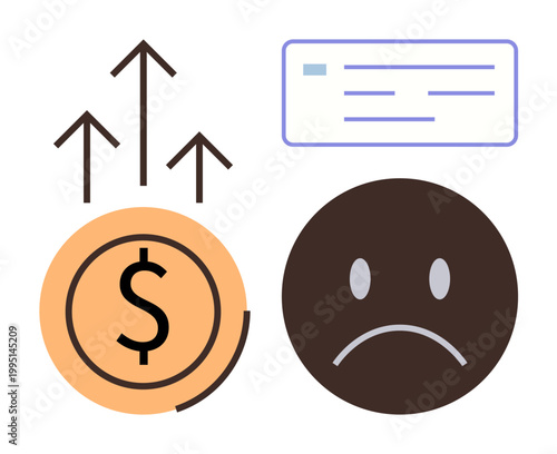 Economic inflation, financial strain, rising costs, budgeting challenges, currency devaluation, financial health. Money symbol with upward arrows, sad face icon and a payment receipt. Economic