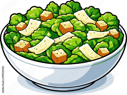 Pixel art caesar salad in white bowl, fresh greens, croutons, shaved parmesan, healthy food, digital illustration