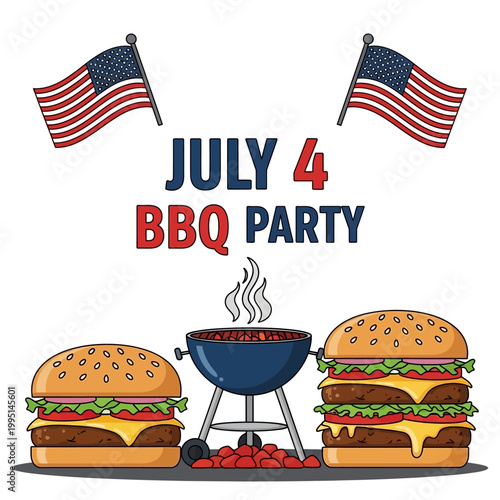Illustration of July 4th BBQ Party with American flags and burgers, celebrating American Independence Day with a festive cookout