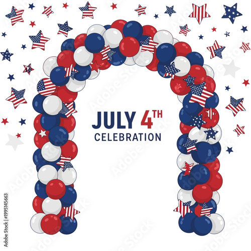 Festive vector illustration of a vibrant patriotic balloon arch adorned with scattered stars, ideal for national holiday celebrations, American-themed events, and festive decorations