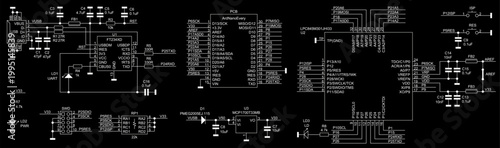 Schematic diagram of electronic device on sheet of paper. Vector drawing electrical circuit with microcontroller,
led, usb connector,
resistor, integrated circuit, capacitor, diode,
other components.