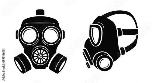 Two black gas masks displayed against a white background silhouette
