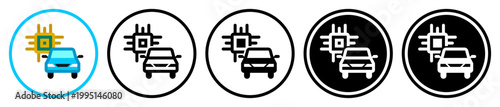 Flat icons of automotive semiconductor chips, in outline and solid styles
