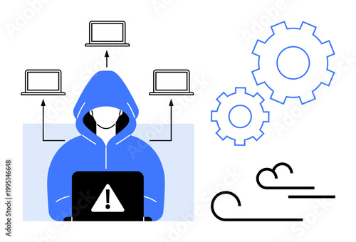 Cybersecurity, hacking, data breaches, online protection, digital threats, system security. A hooded figure with a warning laptop, laptops gears and winds. Cybersecurity and hacking