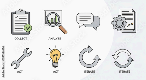 Business professionals analyze data and iterate solutions with tools and lightbulb moments