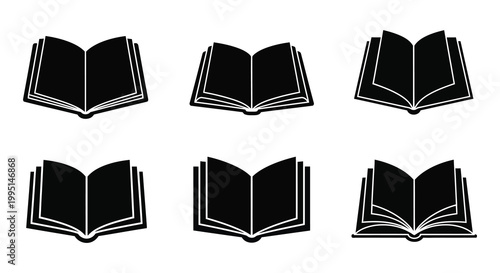 Six open books arranged in a grid stark black silhouette