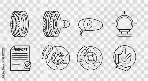 Various icons including a tire, a report, and a thumbs up on a transparent background with industrial and transportation themes