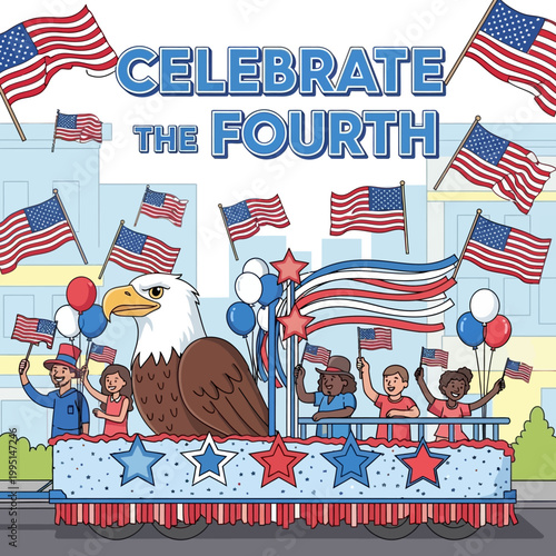 Vibrant Vector Illustration of a Patriotic Independence Celebration Parade Float with Eagle, American Flags, and a Cheerful Diverse Crowd