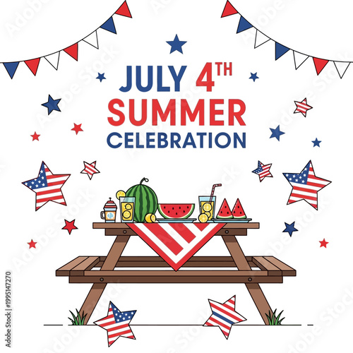 Happy 4th of July Summer Celebration with Picnic Table and Patriotic Decorations