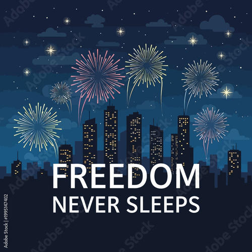 Vector illustration of a vibrant city skyline at night, illuminated by a spectacular fireworks display, embodying the spirit of celebration and enduring freedom
