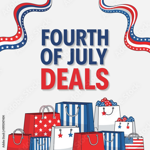 Vector illustration of a vibrant holiday shopping event, featuring numerous festive bags in patriotic red, white, and blue colors, perfect for seasonal discounts and special promotions