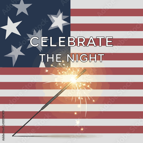 Vibrant vector illustration capturing a festive night with a glowing sparkler and abstract US flag, symbolizing joy and national pride