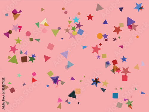 Colorful geometric shapes and stars scattered on a vibrant pink background perfect for adding a fun and artistic touch to design projects