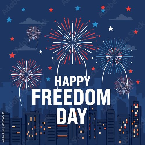 Vibrant vector graphic of a city skyline at night, illuminated by spectacular fireworks, symbolizing national freedom and a celebratory holiday