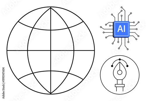 Technology, global networks, artificial intelligence, graphic design, innovation, digital communication. Minimalistic globe, AI chip and pen tool icon. Technology and global networks concept
