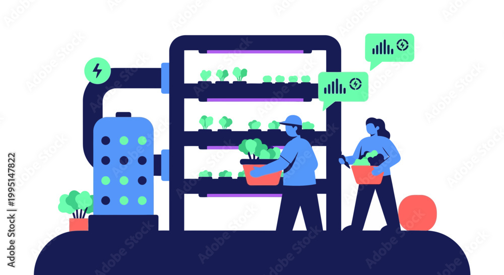 Naklejka premium Modern indoor vertical farming and smart agriculture illustration