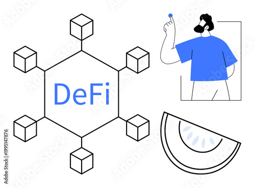 Decentralized finance, digital innovation, blockchain technology, financial systems, cryptographic architecture, futuristic design. Stylized blockchain network connected to DeFi text. Decentralized